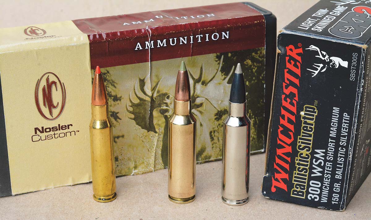 The 300 WSM (center and right) is the most popular .30 caliber short magnum designed to function in 308 Winchester length bolt actions. For comparison, a 308 Winchester cartridge (left).